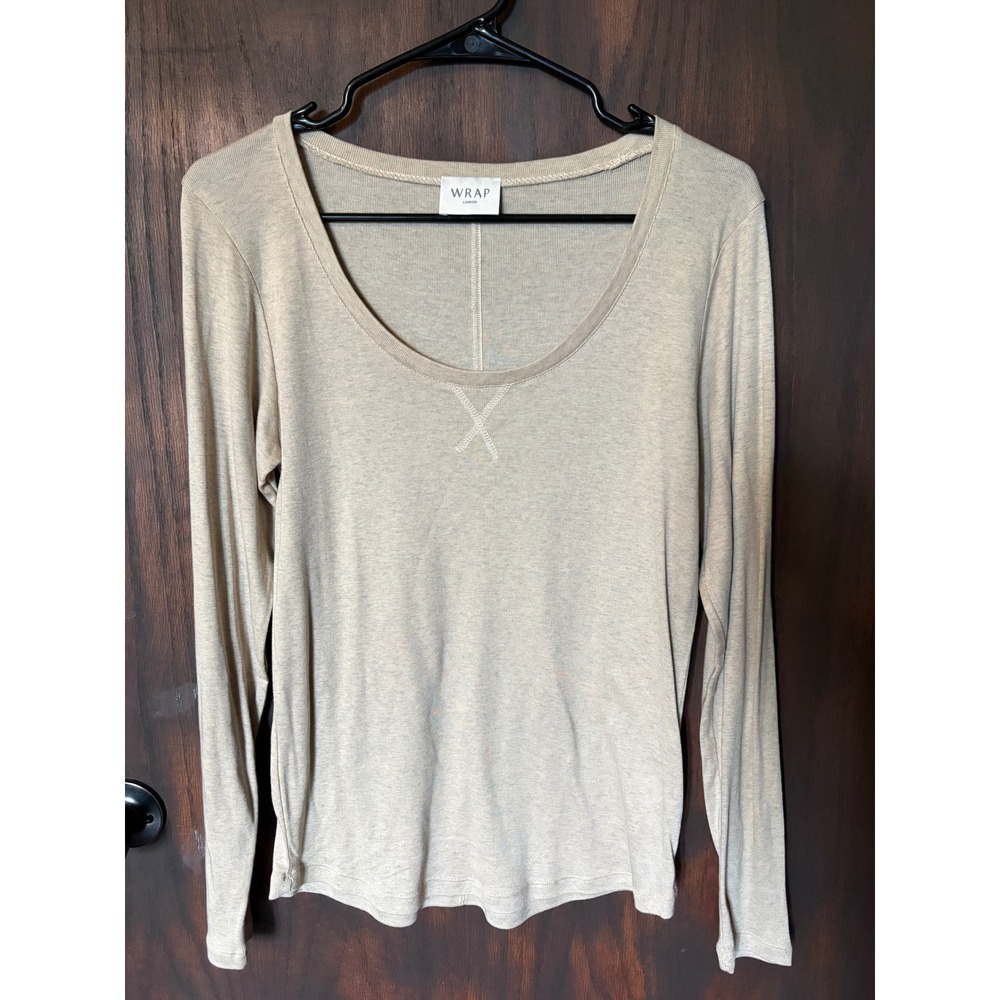 Wrap London Oatmeal Beige Tencel Cotton Scoop Neck Long Sleeve Top US 10 ZC93